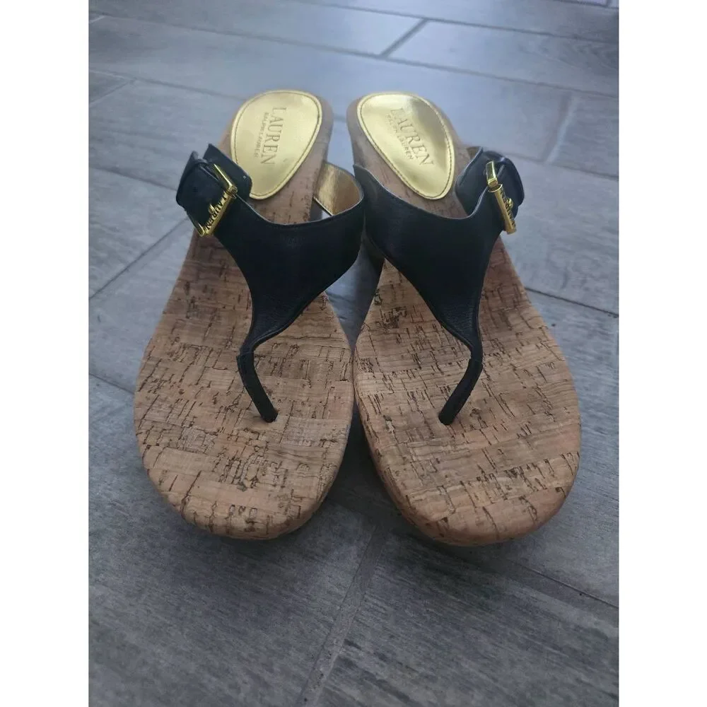 Women's Lauren Ralph Lauren Oralee‎ Wedge Sandal Black Leather and Cork Size 7.5